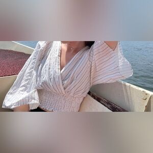 Zara White Striped Blouse with Smocked Waist